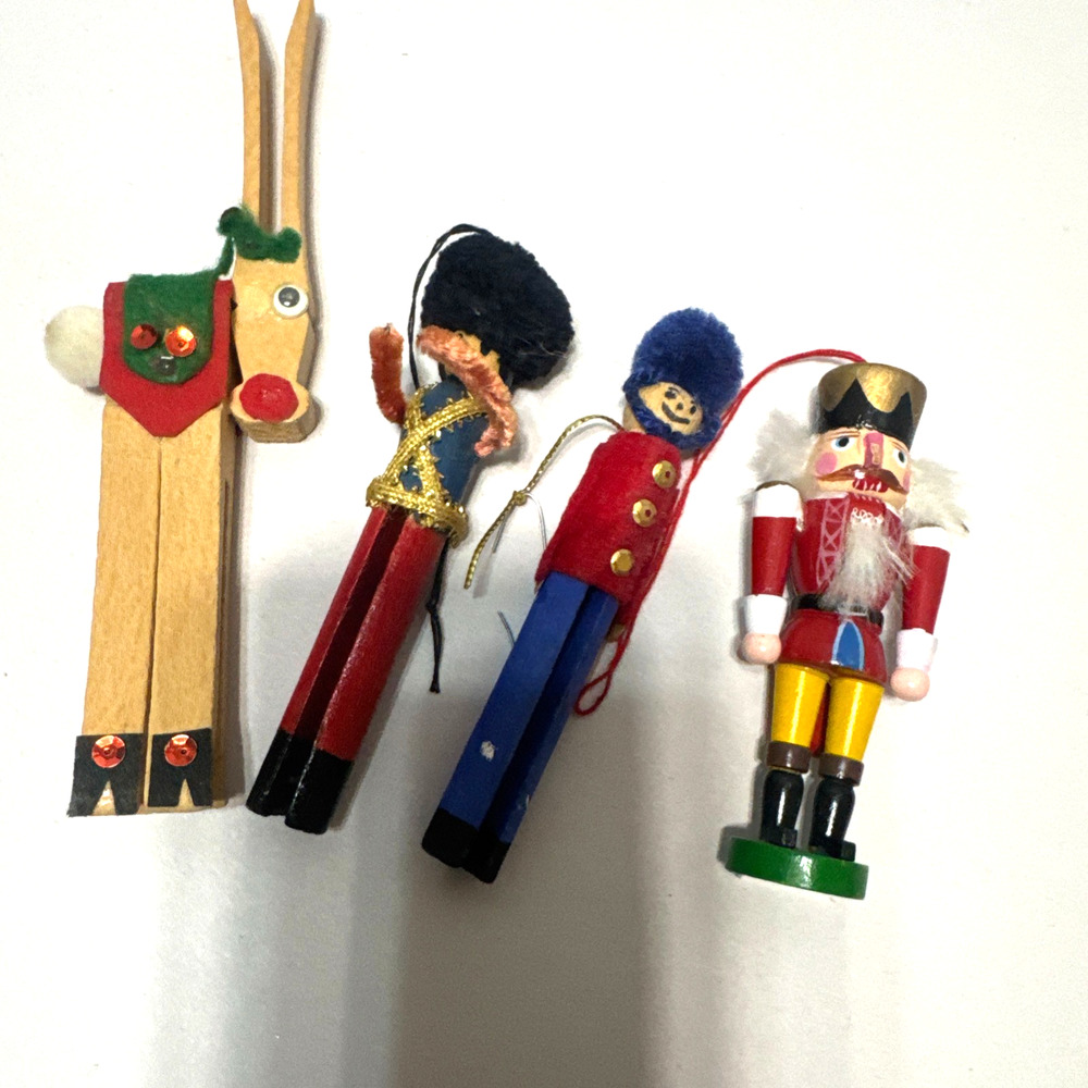 Wooden Soldier Clothespin Ornaments Lot of 4 Reindeer Nutcracker Handmade VTG